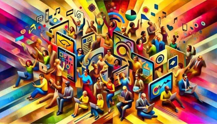 A diverse group using various devices to access an inclusive website, promoting equality and community.