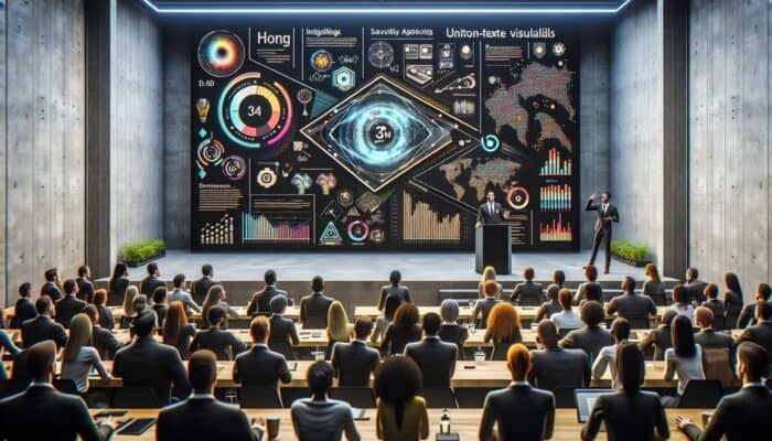 Enthusiastic presenter showing new tech gadget on large screen in modern conference room, interactive audience, visual aids.