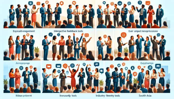 A diverse group of professionals engaging in a customized live demo with industry-specific content and interactive tools.