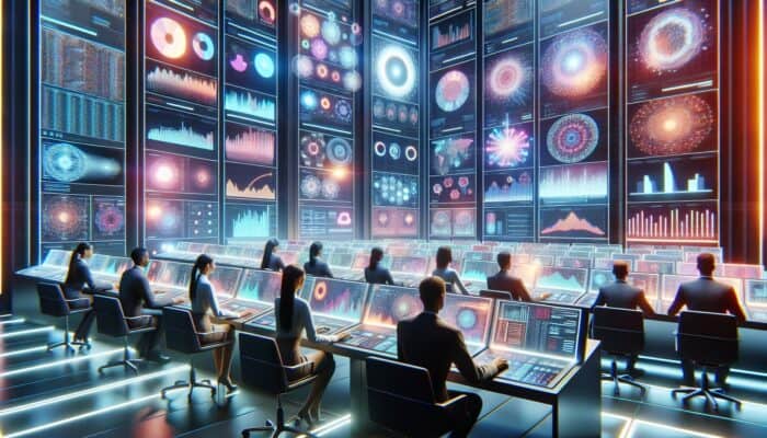 Futuristic control room with screens showing video ads, experts analyzing data, and holographic optimization charts.
