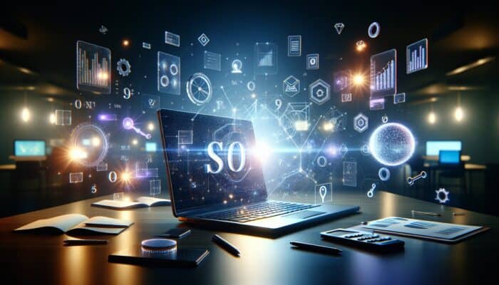 Laptop displaying SEO analytics with 'Rank Math' logo and floating keyword icons in a tech-themed environment.