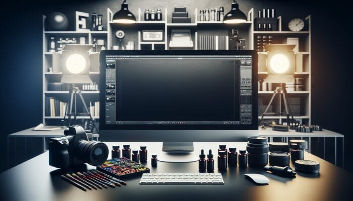 A computer showing video editing software, surrounded by supplements, camera, and lighting equipment.