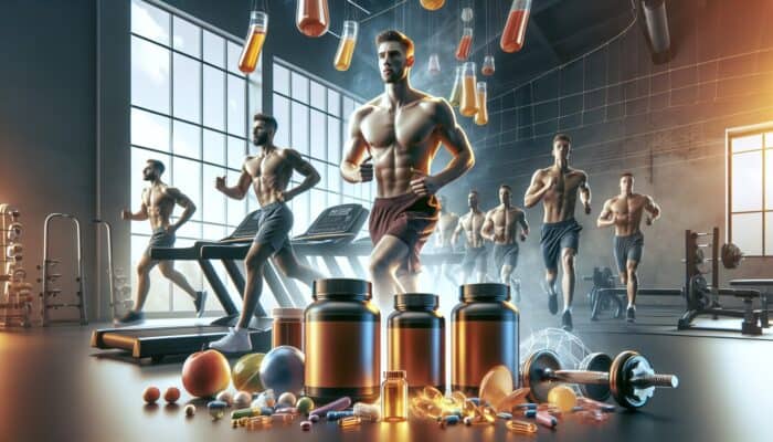 A vibrant gym setting with young adult males using fitness supplements, targeting health and wellness.