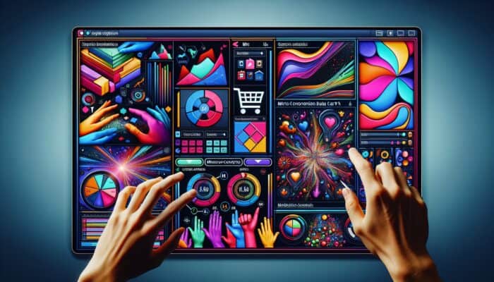 A digital dashboard showing graphs and charts of micro-conversion data trends, highlighting user actions like adding items to cart and completing purchases.