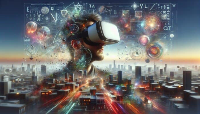 Person in VR headset exploring a 360-degree urban cityscape, looking in all directions.