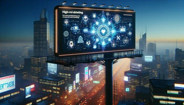 A vibrant digital billboard showcasing a high-ROI ad with engaging visuals and a clear call-to-action, set against a bustling cityscape at night.