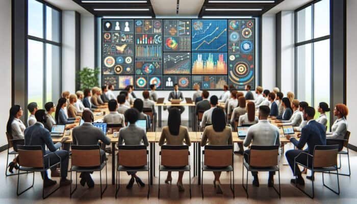 Professionals in a video conference using a leading platform, with graphs and insights on screens in a modern office.