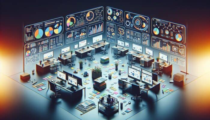 A digital workspace showing multiple SEO tools like Google Analytics, SEMrush, and Ahrefs with graphs and data.