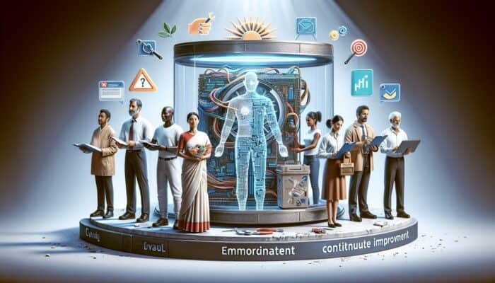 How to Use Ethical Automation for Customer Service: A transparent machine with visible circuits, surrounded by diverse figures, data privacy shields, and empowerment tools, under a banner of continuous improvement.