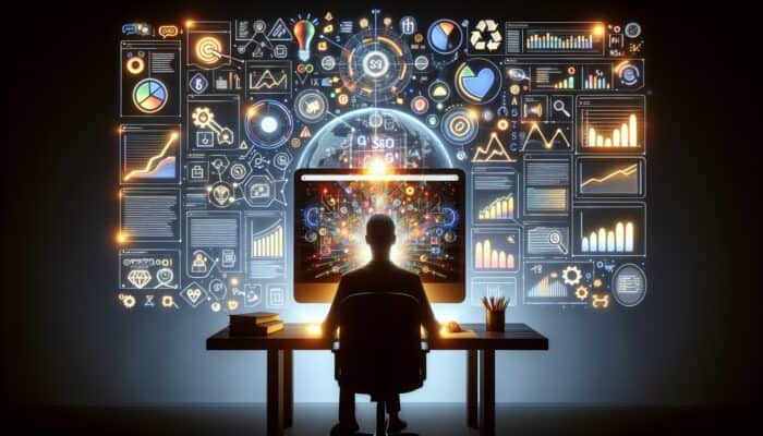 A computer screen showing Google Analytics dashboard with SEO charts and graphs, user analyzing data.