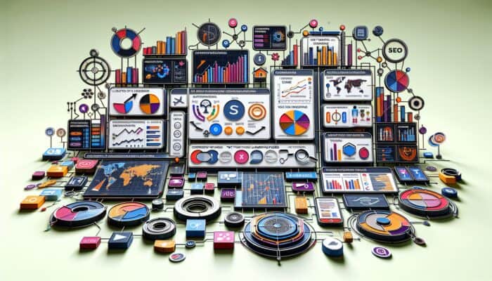 SEO dashboard showing trends, demographics, top landing pages, and user flow map.