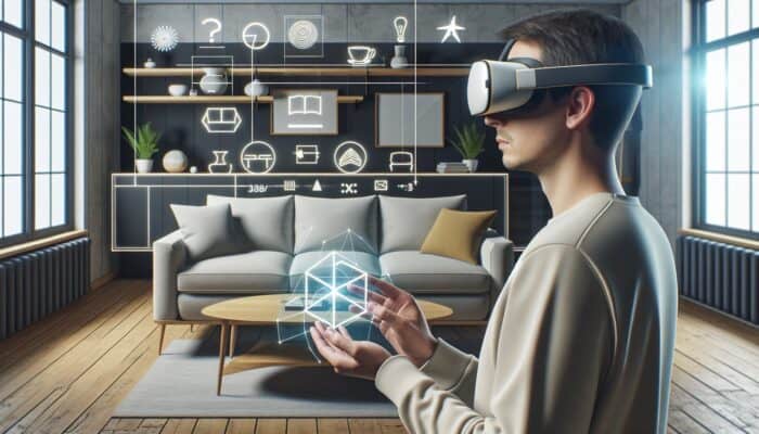 How to Use AR for Virtual Product Try-On Videos: Person using AR glasses to see a new sofa in their living room, enhancing shopping experience.