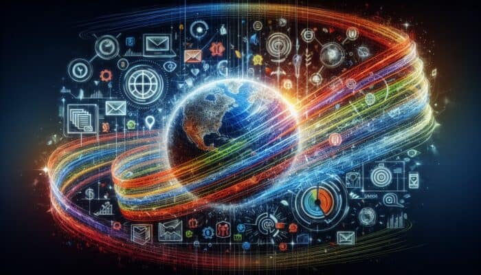 How to Optimize Email Open Rates: Email interface with vibrant action verb subject lines like "Discover," "Unlock," "Boost," against global and seasonal icons.