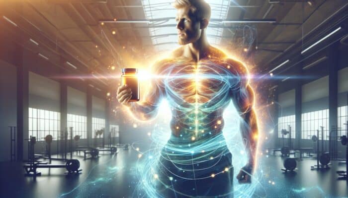 Muscular athlete holding BCAA supplement bottle in sunlit gym, with glowing energy waves symbolizing rapid muscle recovery and enhanced endurance.