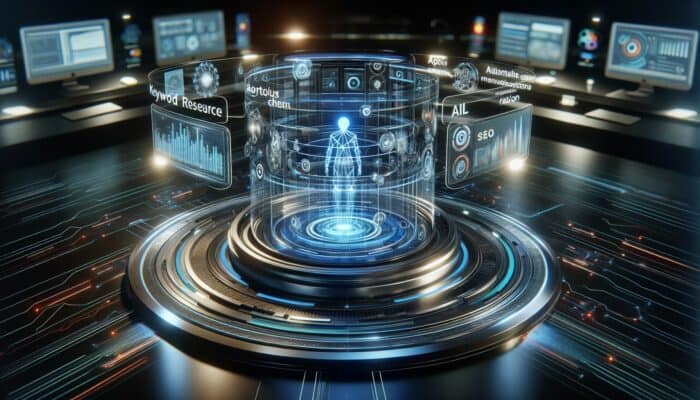 How to Use Alli AI for SEO Automation: Futuristic holographic interface of Alli AI displaying keyword research, content generation, and SEO analytics in a high-tech lab.