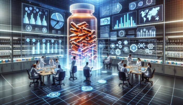 A diverse team of scientists in a modern lab analyzes supplement case studies amid holographic charts, graphs, and pill bottles.