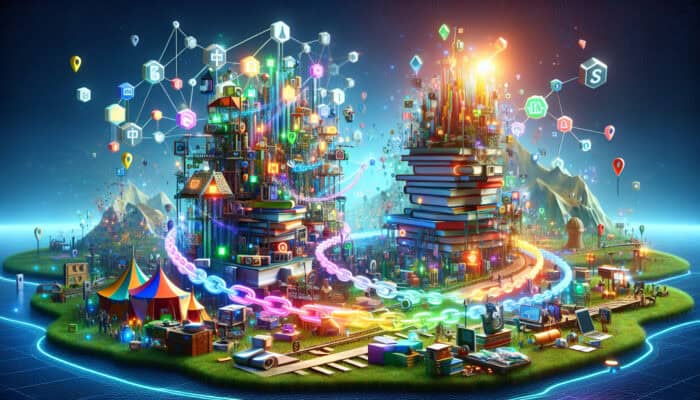 A digital web of glowing chains links a vibrant travel blog to an authoritative magazine tower, symbolizing backlink quality in an SEO landscape.