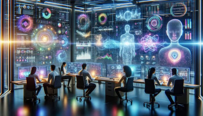 A futuristic lab scene with engineers tweaking code on holographic screens, showing upward graphs of enhanced chatbot response times and accuracy.