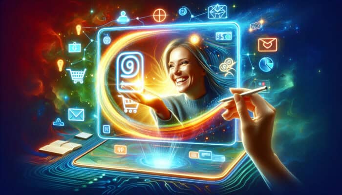 A sleek digital checkout interface on a glowing screen, with intuitive navigation, seamless payments, and a smiling shopper in vibrant colors.