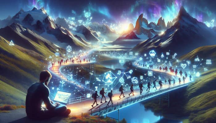 A glowing digital bridge of keywords connects a user at a laptop to a vibrant mountain landscape with hikers, symbolizing SEO links.