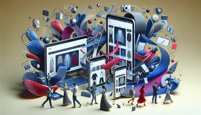 Illustration of Zara's responsive website adapting seamlessly on smartphone, tablet, and desktop, with users browsing fashion items effortlessly.