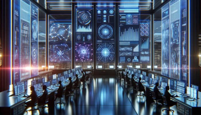 Futuristic lab with experts monitoring holographic screens showing machine learning algorithms, predictive analytics graphs, and A/B testing results in a neon-lit setting.
