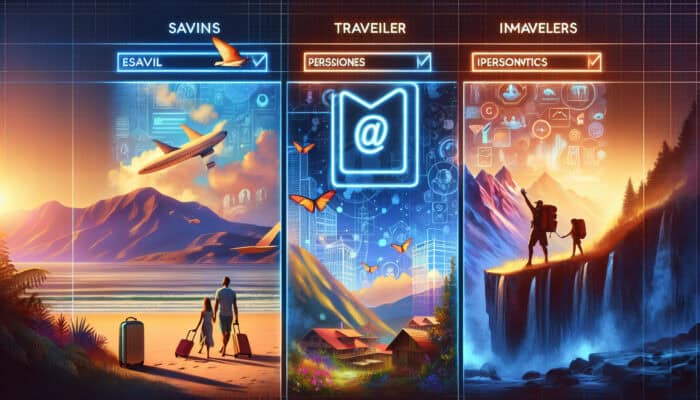 A vibrant digital workspace displays screens of a travel agency: a family on a beach, a solo traveler in a cityscape, and an adventure seeker climbing mountains via personalized emails.