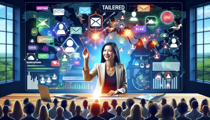 A marketer at a high-tech desk segments global audiences on screens, sending tailored emails to diverse people showing smiles and loyalty symbols.