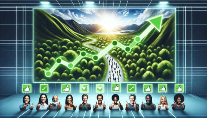 Dashboard showing rising green lines on sentiment graphs for positive eco-tourism feedback, with images of forests, happy travelers, and thumbs-up in an office.