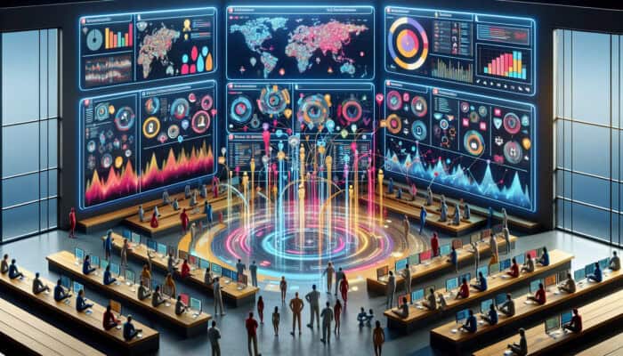 A digital command center with screens showing real-time social media feeds, sentiment graphs, Hootsuite and Brandwatch icons, and interconnected global user avatars.