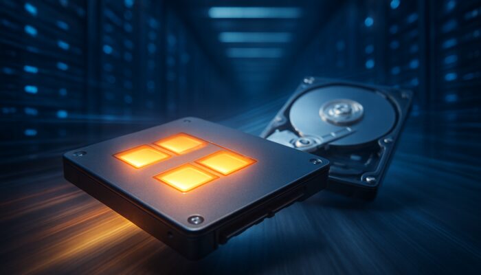 Sleek SSD drive with glowing chips races past clunky HDD in server room, symbolizing fast data access.