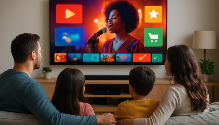 Family watching smart TV with vibrant Netflix and Hulu streams, featuring interactive ads.