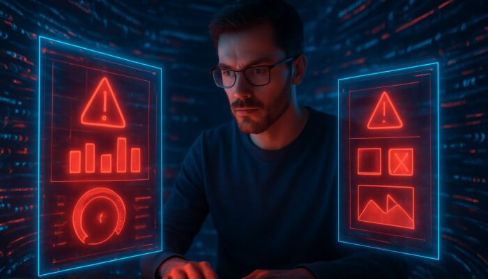 Futuristic developer analyzing holographic GTmetrix and PageSpeed Insights dashboards with red performance alerts