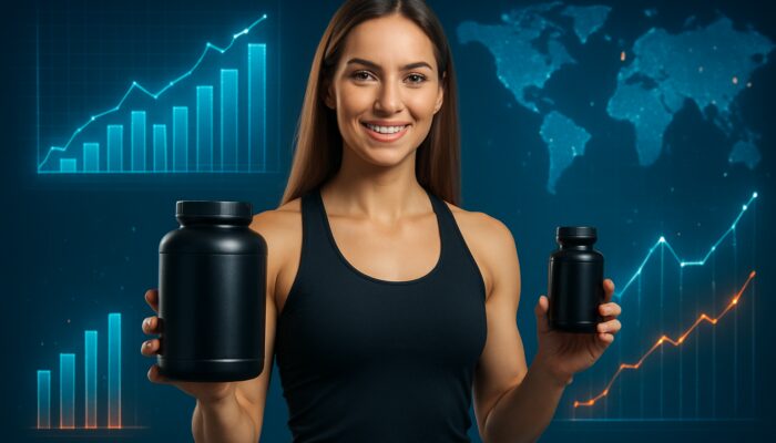 Fitness influencer showcasing supplements with holographic reach, engagement, and sales metrics charts.