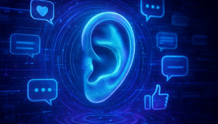 Futuristic digital ear monitoring social media icons, chat bubbles, and real-time customer sentiments on holographic dashboard