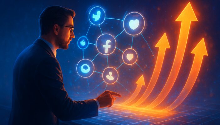 Strategist analyzes glowing social media trends on holographic dashboard transforming into upward growth arrows.