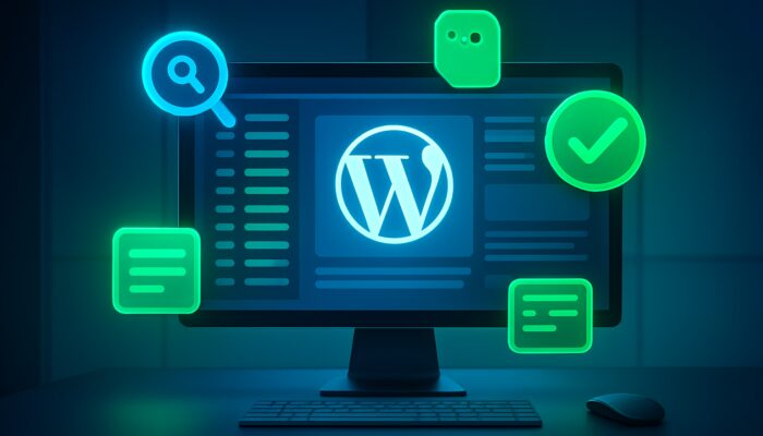 WordPress dashboard with floating SEO icons, keywords, and green optimization checkmarks in a modern tech workspace.